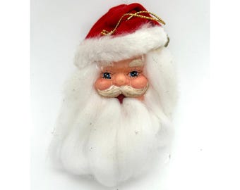 Vintage Santa Head Christmas Ornament Red Hat with Bell White Beard xx"