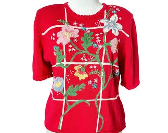 Talbots Susan Bristol Jersey de punto rojo bordado con flores, estilo vintage, talla grande