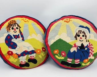 Set of 2 Vintage 13" Raggedy Ann & Andy Needlepoint Pillows Round Accent Decor