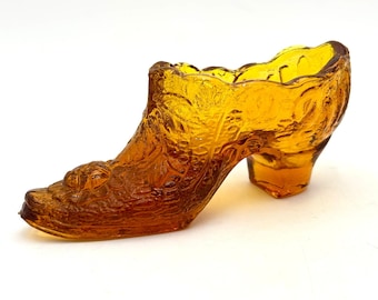 Vintage Kanawha Amber Glass Embossed Cabbage Rose Heeled Shoe Decorative Accent
