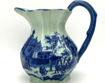 Vintage Victoria Ware Ironstone Flow Blue Scenic Pitcher Octagonal Paneled 8 in