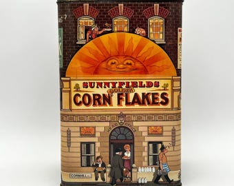 Lata de almacenamiento de copos de maíz dorados Sunnyfields de 12" de alto, vintage, de 1993, coleccionable