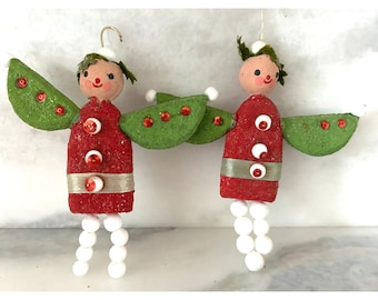 Mr Christmas 1969 Angel Ornaments Set of 2 Japan Red Glitter Wings Vintage