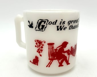 Taza vintage de vidrio con leche Hazel Atlas con oración "Dios es bueno" con gráficos de niño, gato y perro