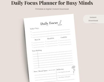 Daily Focus Planner | Minimal Productivity Worksheet (PDF + PNG)