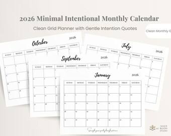 2026 Minimal Intentional Monthly Calendar Printable | Clean Grid Calendar with Monthly Quotes, A4 US Letter PDF