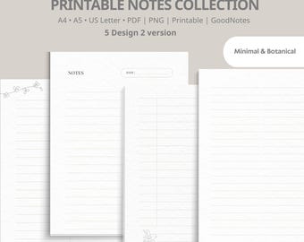 Printable Notes Paper Bundle | Minimal Notepad | Lined + Botanical Pages  | A4 A5 Letter | PDF PNG