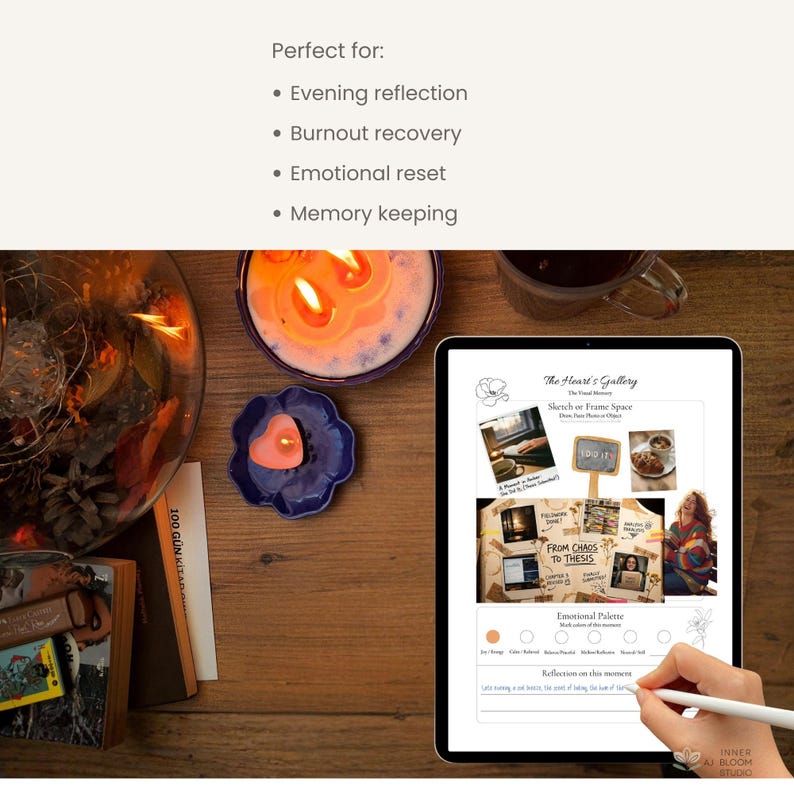 May include: A wooden table displays a lit candle in a glass container, a purple candle, and a blue flower-shaped dish with a pink candle. A tablet shows a digital art project with the text "The Heart's Gallery".