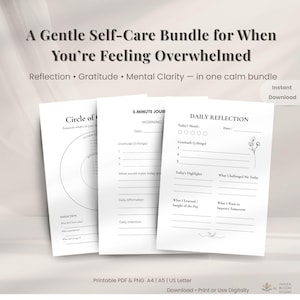 Könnte beinhalten: Ein sanftes Selbstpflege-Bundle für Zeiten, in denen Sie sich überfordert fühlen. Enthält druckbare PDF- und PNG-Dateien für Reflexion, Dankbarkeit und mentale Klarheit. Mit 5-Minuten-Journal und täglichen Reflexionsbögen. Sofortiger Download.