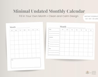 Undated Monthly Calendar Printable | Minimal Monthly Planner PDF | A4 US Letter A5 | Instant Download