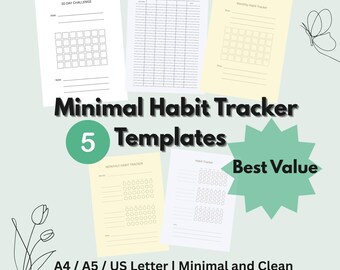 Plantillas minimalistas de seguimiento de hábitos: paquete de planificadores imprimibles y digitales
