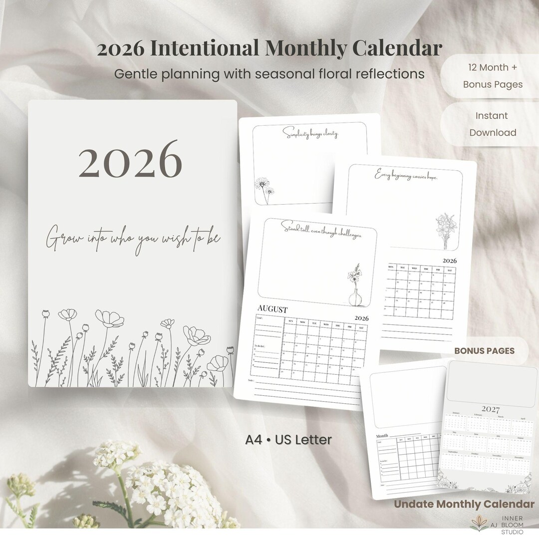 2026 Intentional Monthly Calendar Printable | Floral Reflection ...