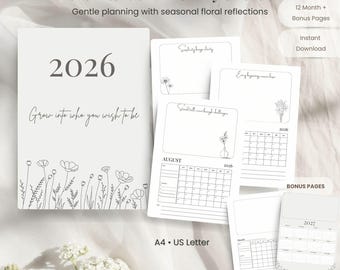 2026 Intentional Monthly Calendar Printable | Floral Reflection Calendar with Monthly Quotes, A4 US Letter PDF