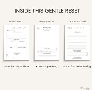 May include: A white journal spread with three sections: "Golden Hour," "Sensory Details," and "Future Self Letter." Each section has prompts and space for writing. The text "INSIDE THIS GENTLE RESET" is at the top.