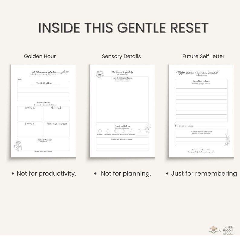 May include: A white journal spread with three sections: "Golden Hour," "Sensory Details," and "Future Self Letter." Each section has prompts and space for writing. The text "INSIDE THIS GENTLE RESET" is at the top.