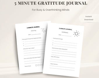5 Minute Gratitude Journal Printable, Morning Evening Journal, Daily Self Care Planner PDF