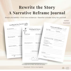 May include: A digital download of a narrative reframe journal with the text "Rewrite the Story." The journal pages include prompts for breaking old beliefs and finding new evidence. The journal is available in PDF and PNG formats, A4, A5, and US Letter sizes.