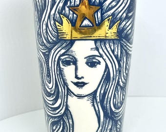 Starbucks Coffee 2016 Blue mermaid Siren Gold Crown 12oz Ceramic Tumbler Mug