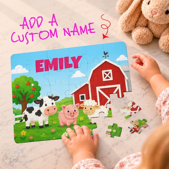 A chunky 30-piece wooden farm animals puzzle with the toddler's own name built right into the barnyard scene — genuinely charming and not something you'd find at Target.