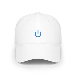May include: White baseball cap with a curved brim. The cap features a blue power symbol embroidered on the front. The hat is made of a soft, durable material and has a classic, casual style.