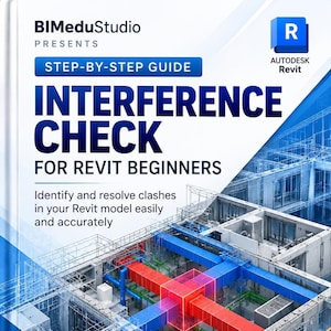 Op de afbeelding: Een boekomslag met de titel BIMeduStudio Presents Step-by-Step Guide Interference Check for Revit Beginners. De omslag toont een blauw-wit architecturaal draadmodel met gemarkeerde rode en blauwe leidingen.