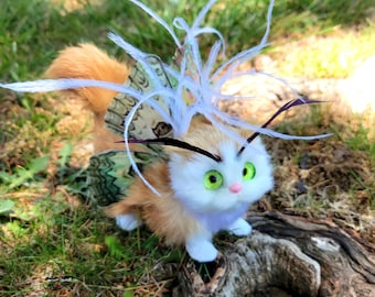 Green magic moth cat textile sculpture,  faux taxidermy,  faeriecore, OOAK
