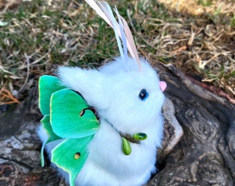Luna moth bunny textile sculpture,  ooak, decoration, fantasy creature