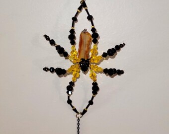 Yellow and black  garden spider with butterfly suncatcher, ornament,  figure, OOAK, Gothic,  Witchy