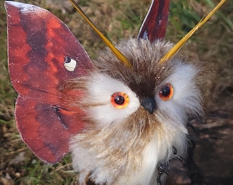 Red moon moth owl, textile taxidermy, fiber art, OOAK,  soft sculpture,