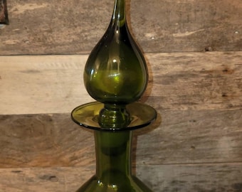 Vintage olive glass decanter , flame stopper