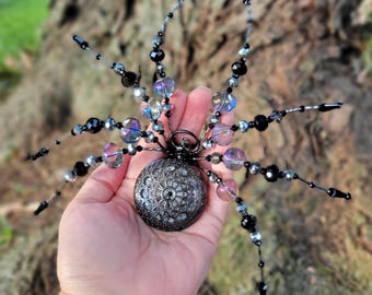 Giant spiderweb pocketwatch spider ornament,  figure, OOAK, Gothic,  Witchy