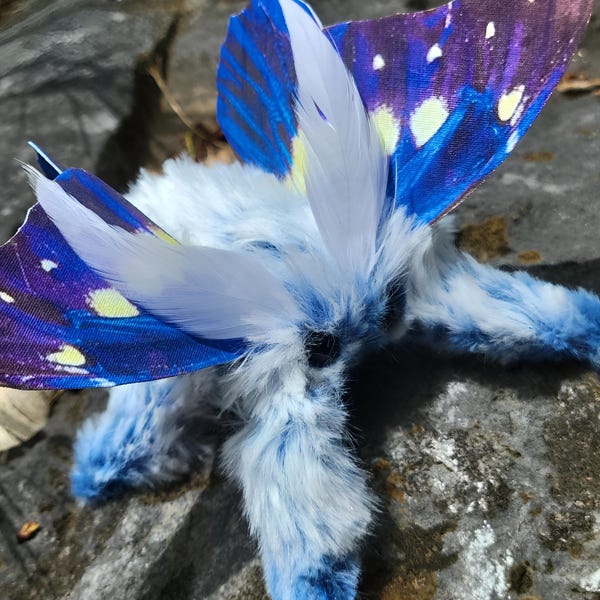 Blue moth faux entomology sculpture, plush figure, insect doll, OOAK