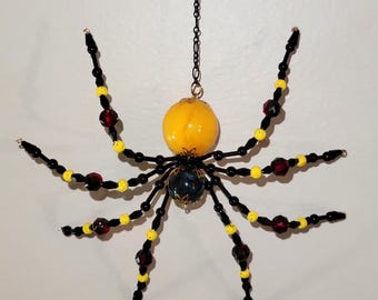 Yellow and red beaded garden spider suncatcher,  orange,  gift