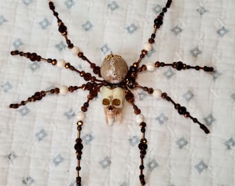 Beaded spider skull tooth ornament,  figure, OOAK, Gothic,  Witchy