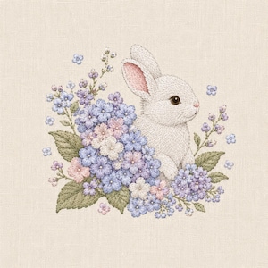 May include: A white bunny with pink-lined ears sits amidst a cluster of embroidered blue, pink, and purple flowers and green leaves. The artwork is set against a beige linen background, creating a soft, textured appearance.