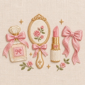 May include: Embroidered image featuring a perfume bottle with a pink bow, a hand mirror with a floral design, a lipstick, and a pink bow. The items are in shades of pink and gold, with floral and bow accents. The background is a light beige.