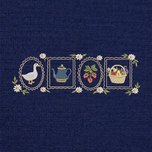 Pacchetto di ricami con cornice vintage, set con teiera a forma di oca e cestino di fragole, cornici floreali in stile cottagecore, ricamo decorativo a punto satin