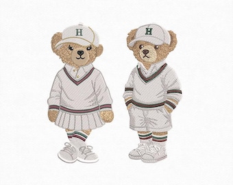 Teddy Bär Tennis Stickdatei, Junge und Mädchen Bär im klassischen Sport Outfit, Stickdatei