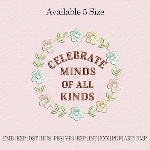 May include: A pink background with the text "CELEBRATE MINDS OF ALL KINDS" in brown, surrounded by a floral wreath. The text "Available 5 Size" is at the top. The bottom of the image contains file type abbreviations.