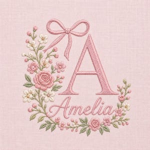 May include: Pink embroidered design featuring the letter "A" with a bow and the name "Amelia". The letter is surrounded by a floral wreath of pink roses, white flowers, and green leaves, all on a pink background.