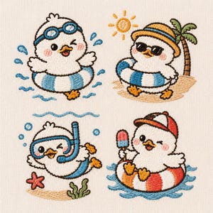 Puede incluir: Imagen bordada con cuatro patos de dibujos animados disfrutando del verano. Uno lleva gafas de natación y nada, otro lleva gafas de sol y un sombrero en la playa, un tercero hace snorkel y el último come un helado.