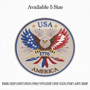 May include: Embroidered patch with an eagle design, incorporating the colours of the American flag. The design includes the text "USA," "1776," and "AMERICA" within a circular border. Available in 5 sizes.