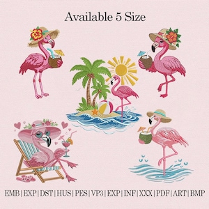 May include: Embroidered pink flamingo designs with tropical themes. Flamingos wear hats and hold tropical drinks. The designs include palm trees, a beach ball, and a sun. The text "Available 5 Size" is at the top, and file type abbreviations are at the bottom.