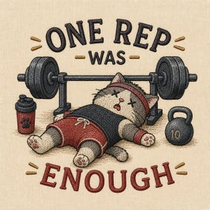 Op de afbeelding: Geborduurd ontwerp met een cartoonkat die uitgeput onder een halter ligt. De kat draagt een hoofdband en sportkleding. De tekst luidt "ONE REP WAS ENOUGH". Een kettlebell van 4,5 kg en een shaker zijn ook afgebeeld.
