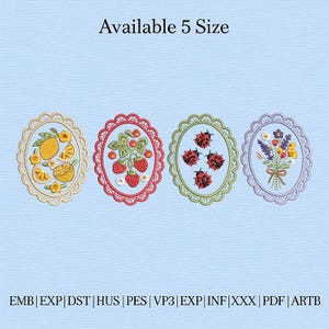 May include: Four oval embroidery designs with scalloped edges. Designs include a lemon, strawberries, ladybugs, and a bouquet of flowers. Text at the top says "Available 5 Size". The bottom of the image contains file type abbreviations.