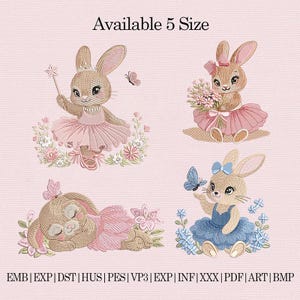 Puede incluir: Diseños bordados de cuatro conejitos con tutús y vestidos, con mariposas y flores. Un conejito sostiene una varita, otro un ramo, uno está durmiendo y el último sostiene una mariposa. El texto dice "Available 5 Size".