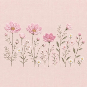 May include: Embroidered floral design featuring pink cosmos flowers with yellow centers, white daisies, and delicate greenery on a light pink fabric. The embroidery showcases detailed stitching, creating a textured and visually appealing artwork.