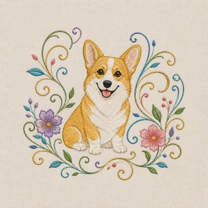 Puede incluir: Imagen bordada de un perro Corgi sonriente, con pelaje blanco y canela, rodeado por una corona floral. La corona presenta flores moradas, rosas y azules, con vides verdes y doradas sobre un fondo crema.