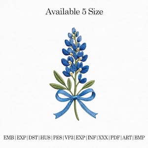 May include: An embroidered bluebonnet flower design with a blue ribbon and green leaves. The text "Available 5 Size" is at the top. The bottom of the image contains file format abbreviations.