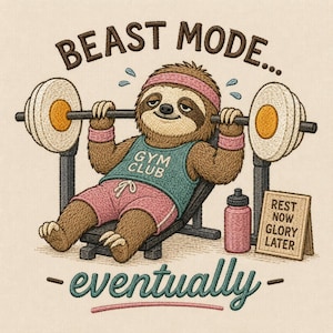 May include: Embroidered design featuring a sloth lifting weights at the gym. The sloth wears a pink headband, wristbands, and shorts, and a teal tank top that says "Gym Club." The text reads "Beast Mode... eventually" and "Rest Now Glory Later."